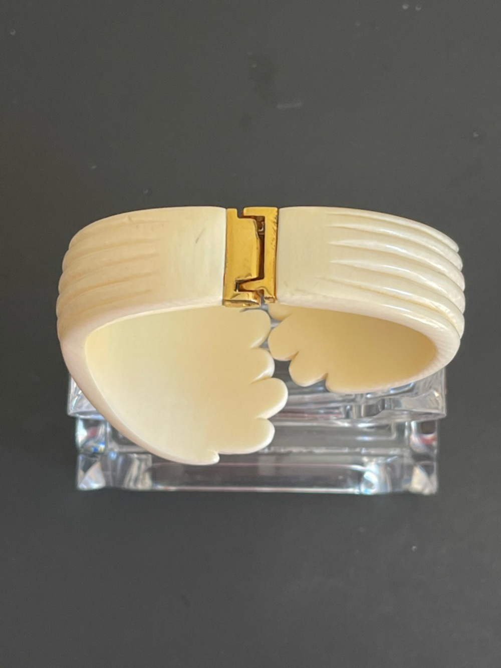Vintage gold over silver hand carved genuine Ivory bangle bracelet. - Picture 7 of 14